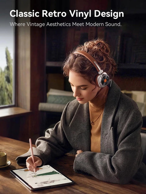 A woman wearing retro-style over-ear headphones sits at a wooden table, writing in a notebook. The scene is warmly lit with a cozy indoor background, and text at the top reads 'Classic Retro Vinyl Design' and 'Where Vintage Aesthetics Meet Modern Sound.