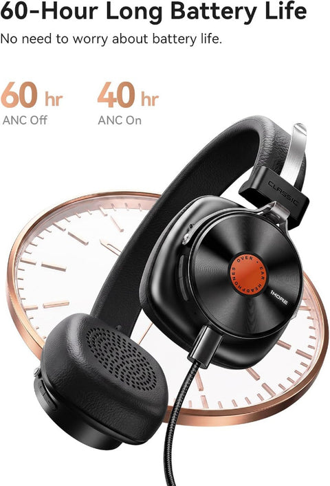 Black over-ear headphones with a copper-colored circular clock graphic behind them and promotional text about 60-hour battery life on a white background.