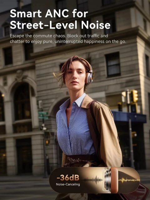 A woman wearing over-ear headphones stands on a city street in front of a large stone building. Large text at the top reads 'Smart ANC for Street-Level Noise,' and a product graphic at the bottom shows a noise-canceling headphone design with '-36dB Noise-Cancelling' text.