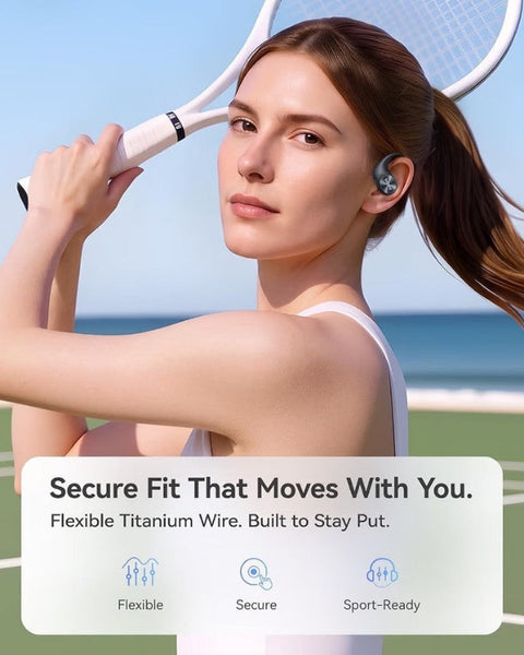A woman on a tennis court wearing a wireless earbud and holding a tennis racket, with marketing text at the bottom about secure fit and flexible titanium wire.