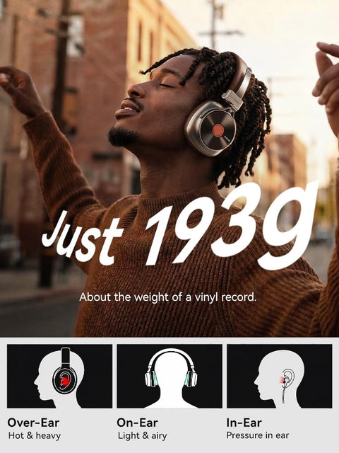 A promotional graphic for over-ear headphones featuring a man wearing silver and black headphones with a red center detail, set against a blurred street background. Large white text reads 'Just 1939' with smaller text below.