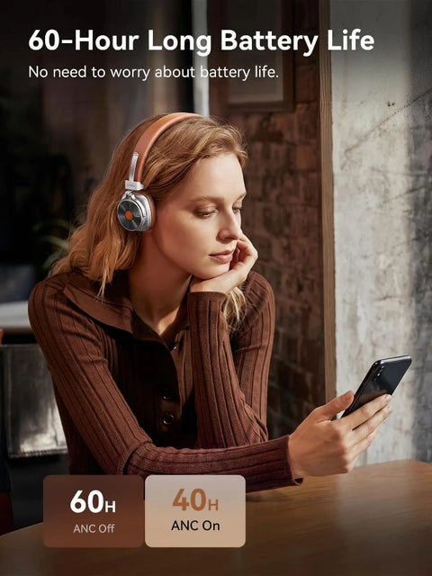 A woman wearing over-ear headphones with a smartphone in a dimly lit indoor setting. Text at the top reads '60-Hour Long Battery Life' and the bottom badge says '40H ANC On' and '60H ANC Off'.