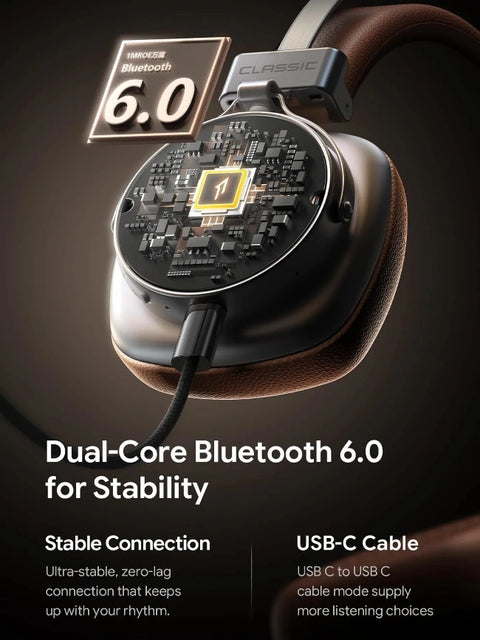 A pair of over-ear headphones with a circular transparent earcup showing a detailed circuit board graphic, set against a dark background with promotional text for Bluetooth 6.0 and a USB-C cable.