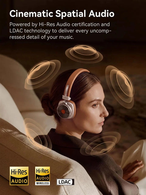 A woman in a leather chair wearing over-ear headphones, with floating soundwave graphics and text promoting cinematic spatial audio, Hi-Res Audio certification, and LDAC technology.