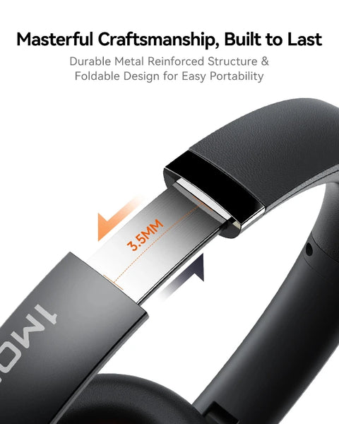 Close-up of a black over-ear headphone hinge showing a 3.5mm port, with marketing text at the top and an orange measurement arrow on a white background.
