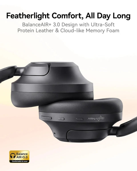 Black over-ear wireless headphones shown in a close-up studio-style shot on a light beige background, with marketing text at the top reading 'Featherlight Comfort, All Day Long' and a small yellow BalanceAIR+ 3.0 badge at the bottom left.