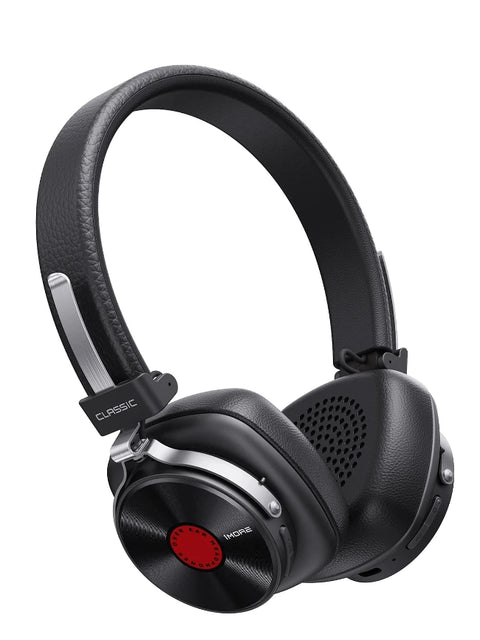 Black over-ear wireless headphones with silver accents and a red circular detail on the ear cup, shown on a plain white background.