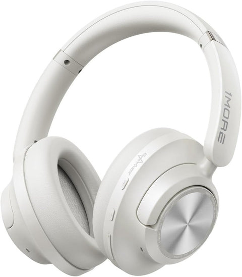 White over-ear wireless headphones with a metallic silver circular detail on the ear cup, shown on a solid white background. The brand name 'iMOR' is visible on the headband.