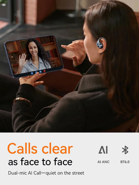 A woman wearing a blue wireless earbud during a video call, holding a smartphone to show the call. The image includes text overlays reading 'Calls clear as face to face' and feature icons for AI ANC and BT 6.