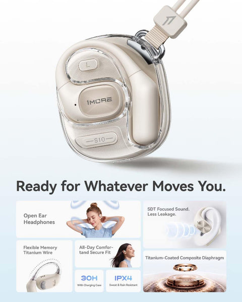 A 1MORE open-ear wireless hearing aid shown in a transparent protective case, with marketing text and feature callouts below on a light background.