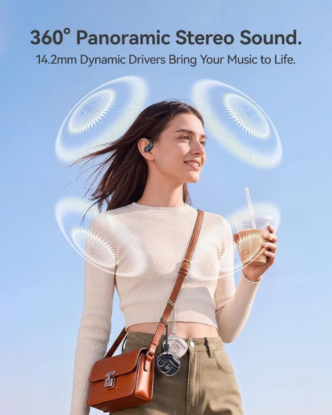 A woman outdoors wearing a small in-ear earbud and holding a drink, with floating sound-wave graphics and marketing text about 360° panoramic stereo sound. The product being sold appears to be the earbud, not the bag or drink.