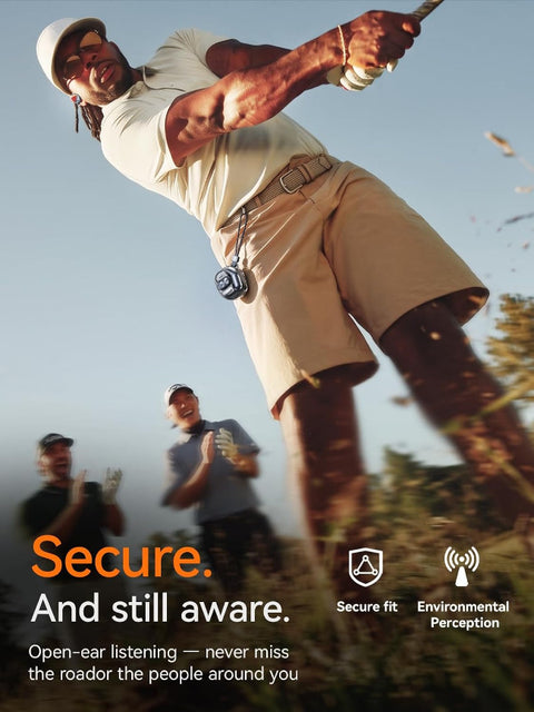 A man in a white polo shirt and khaki shorts swings a golf club outdoors, with two other people blurred in the background. Text at the bottom reads 'Secure.