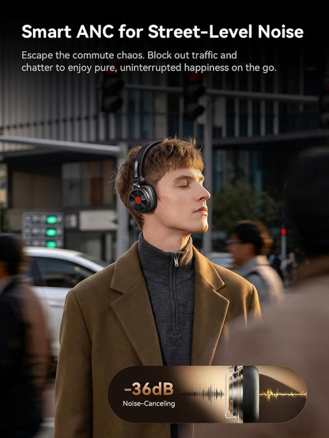 A man wearing over-ear noise-canceling headphones on a city street, with promotional text reading 'Smart ANC for Street-Level Noise' and a badge showing '-36dB Noise-Cancelling'.