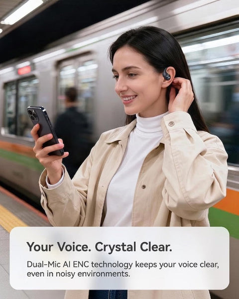 A woman at a subway station wears a small in-ear earpiece and holds a smartphone. Text at the bottom reads, 'Your Voice.