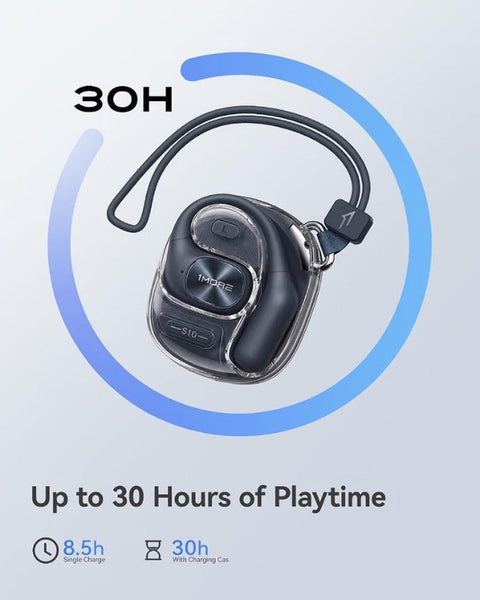 A black and silver wireless earbud charging case with a wrist strap, shown on a light gray background with blue graphic accents and text reading '30H' and 'Up to 30 Hours of Playtime.'.