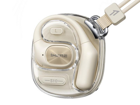 A close-up of a 1MORE wireless earbud in a clear protective case with a beige fabric lanyard, shown on a white background.